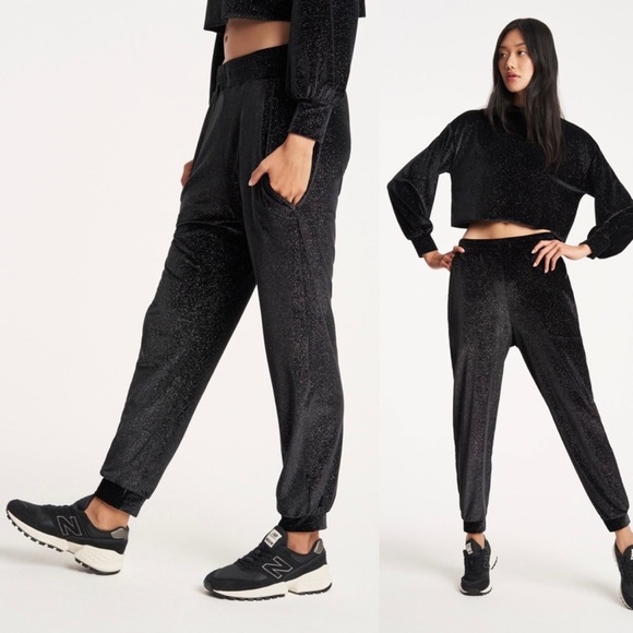 Beach Riot Josie Black Metallic Sparkle Glitter Velvet Jogger Lounge Pant - Picture 4 of 11